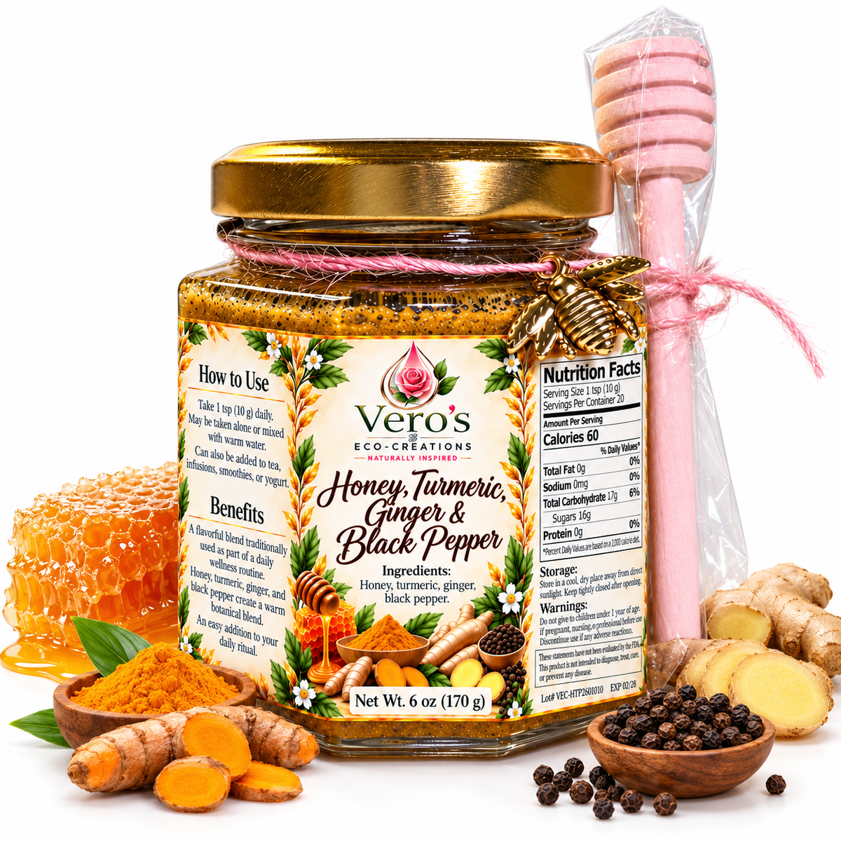 VERO'S ECO CREATIONS HONEY WITH TUMERIC GINGER AND BLACK PEPER 6OZ