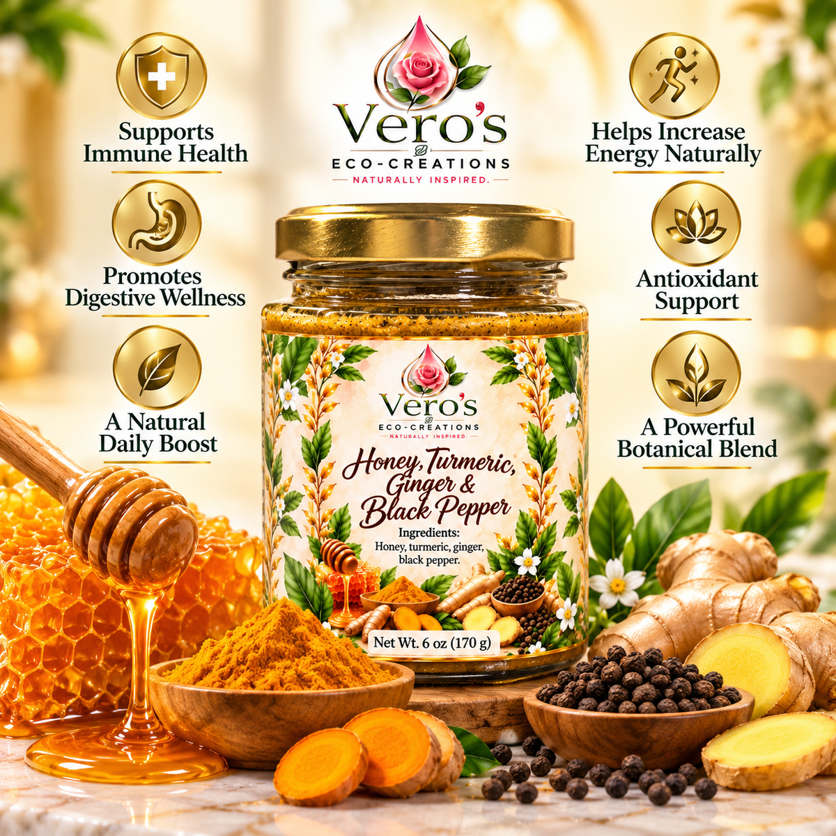 VERO'S ECO  CREATIONS  HONEY WITH  TUMERIC GINGER AND BLACK PEPER 6OZ
