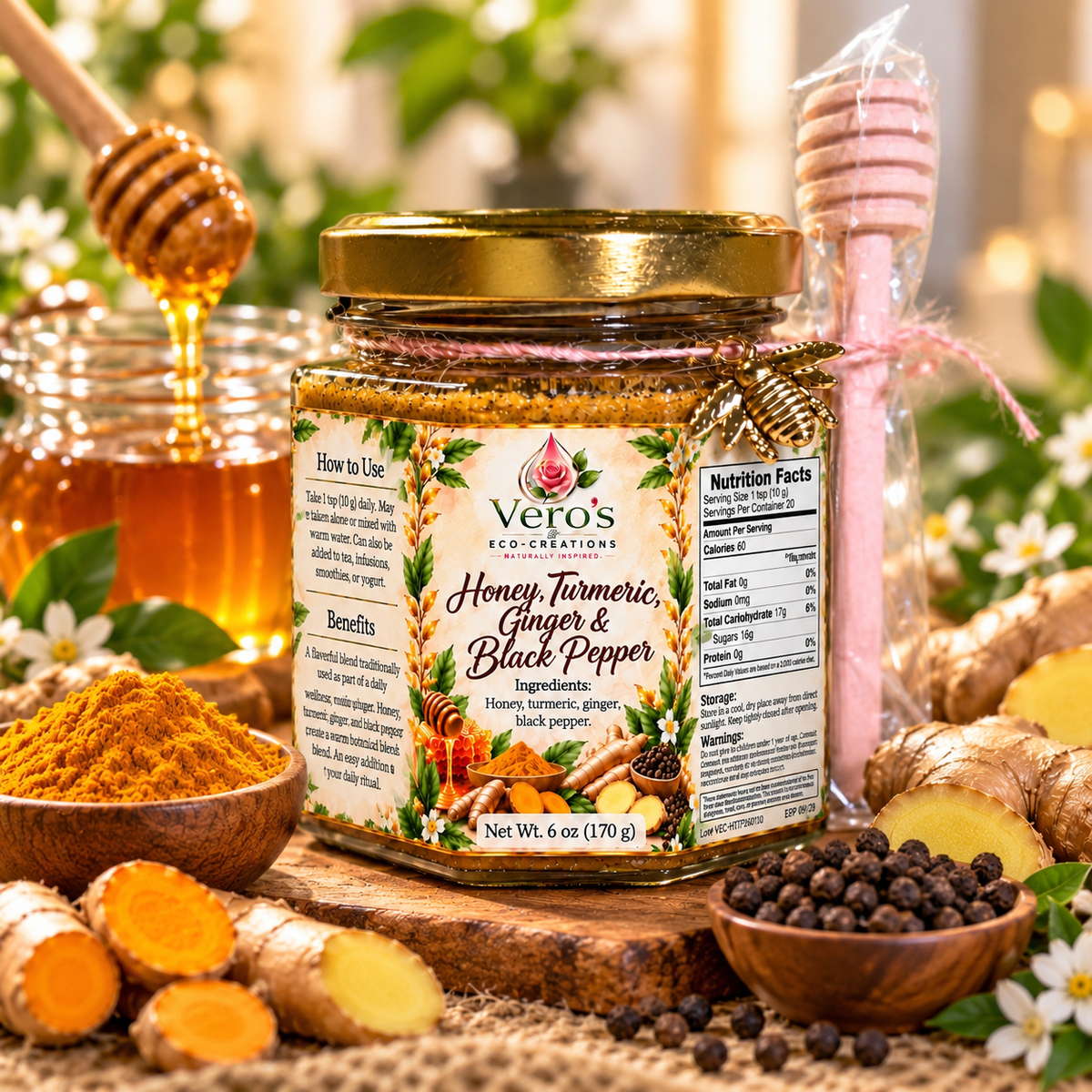 VERO'S ECO  CREATIONS  HONEY WITH  TUMERIC GINGER AND BLACK PEPER 6OZ