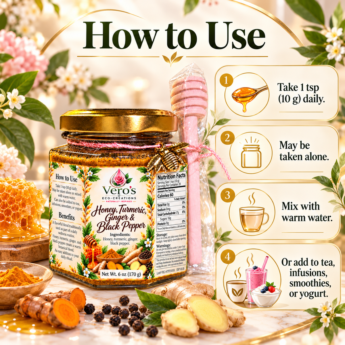 VERO'S ECO  CREATIONS  HONEY WITH  TUMERIC GINGER AND BLACK PEPER 6OZ
