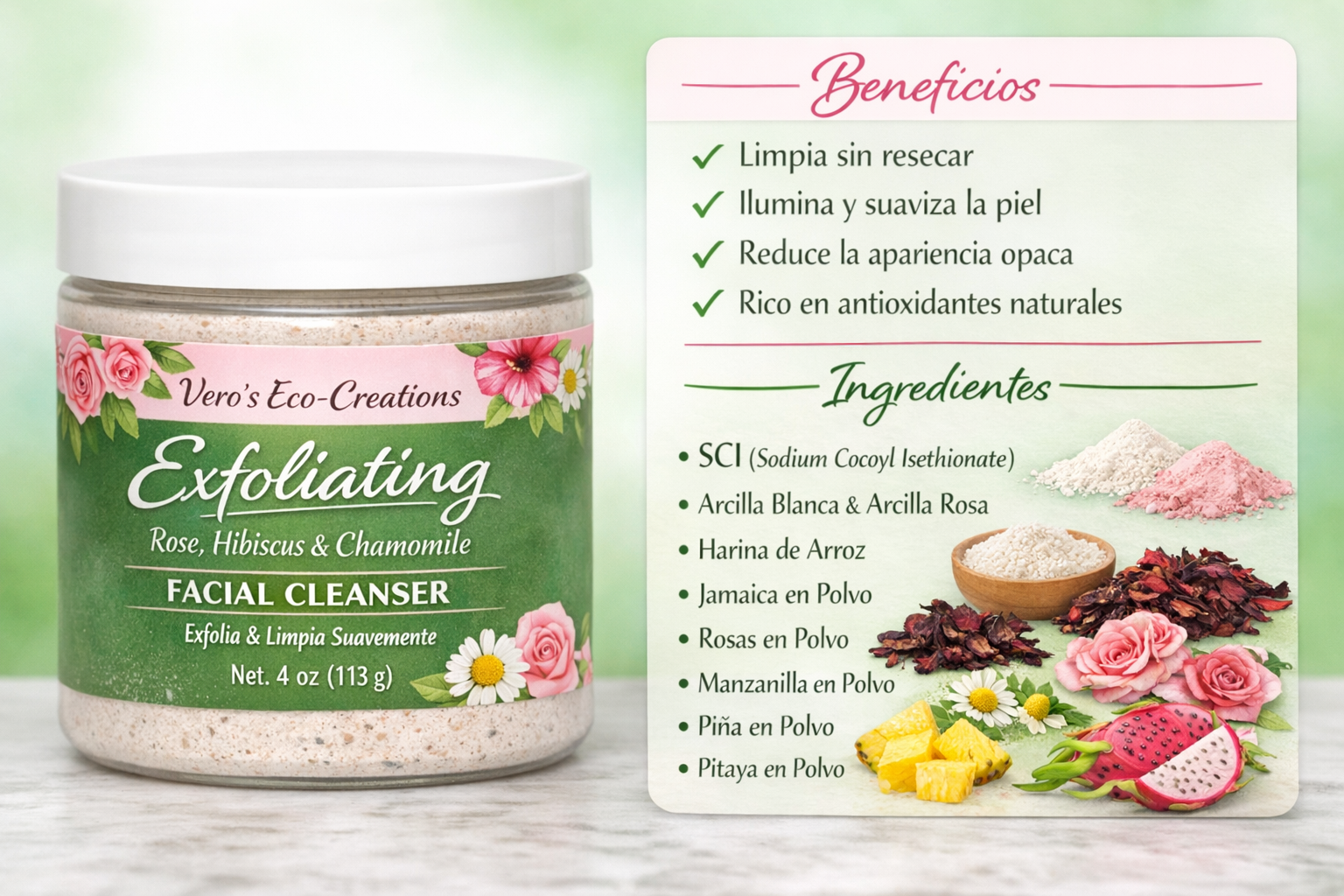 EXFOLIANTING ROSE, HIBISCUS, CHAMOMILE.