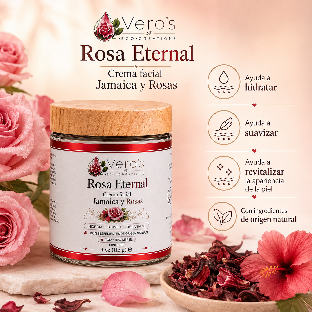 VERO'S ROSA ETERNAL  FACIAL CREAM 4OZ JAMAICA  Y PETALOS DE ROSA