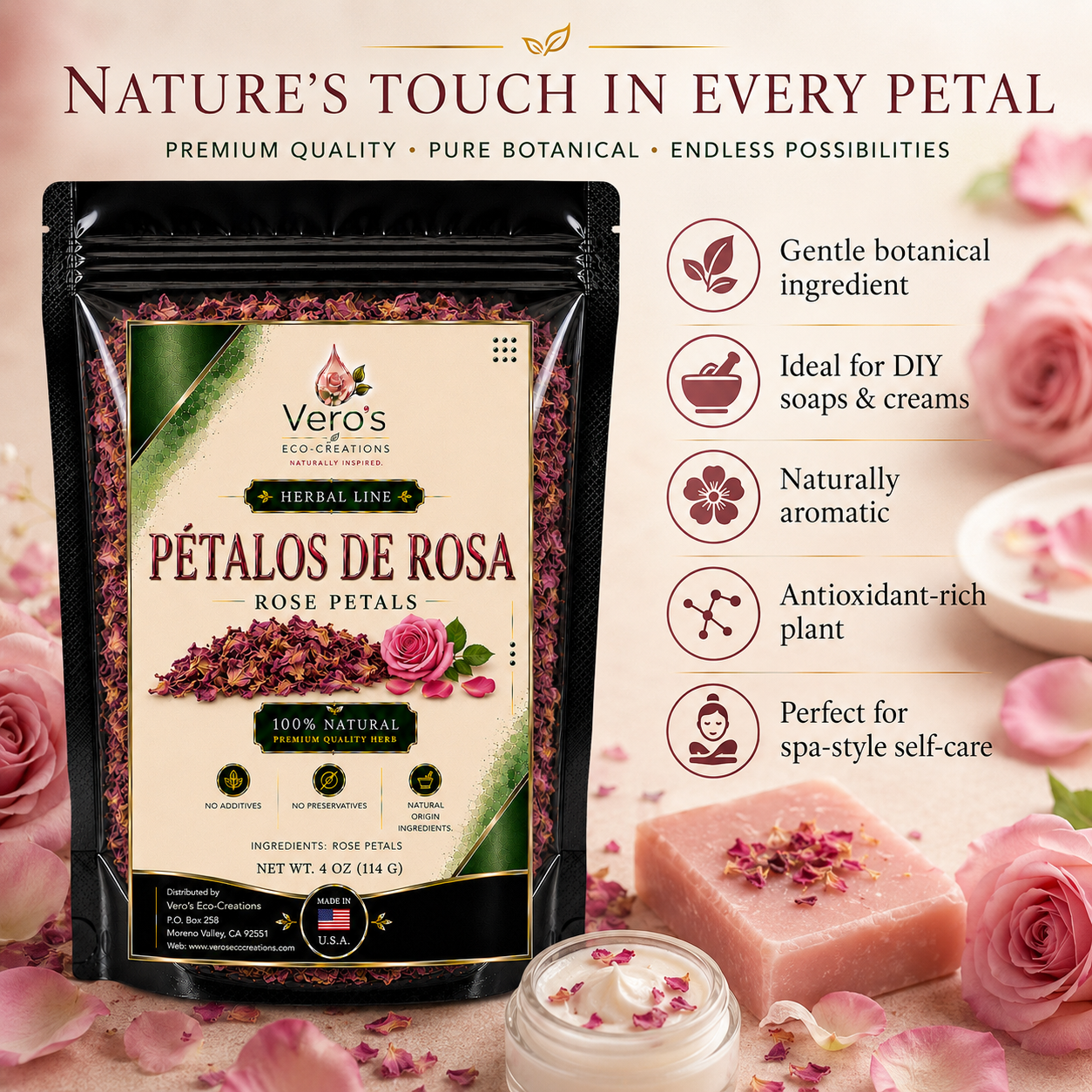 VERO'S HERBAL PETALOS DE ROSA DRIED FLOWER  4OZ 114G