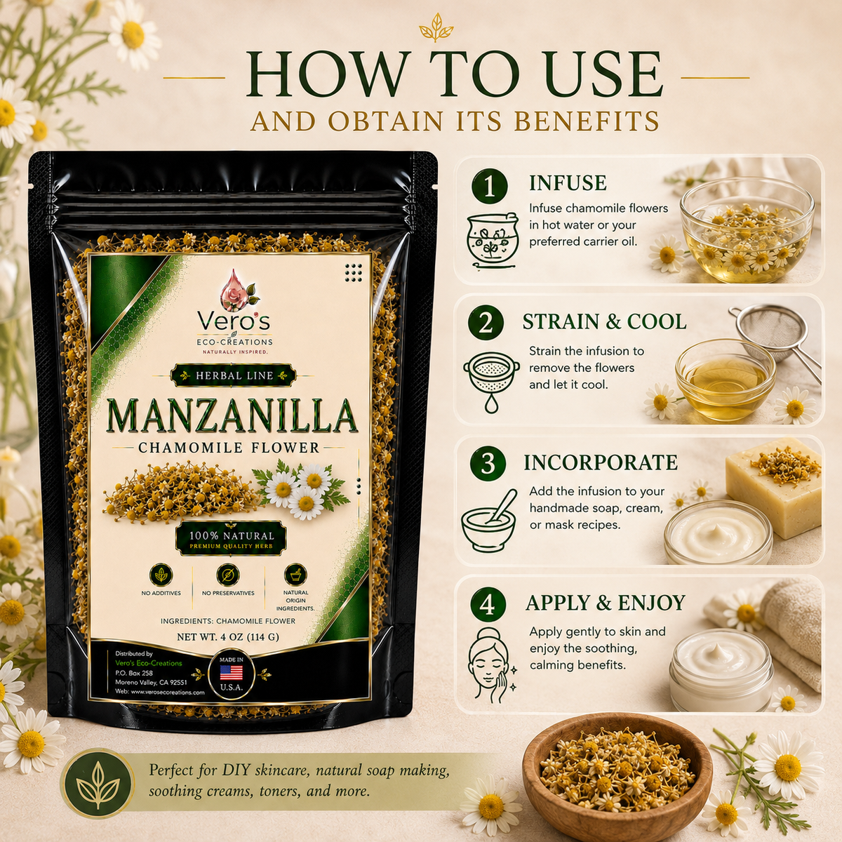 VERO'S HERBAL MANZANILLA  DRIED FLOWER  WHOLESALE  BAG 2LBS